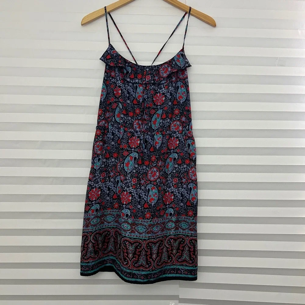 American Eagle Paisley Floral Boho Mini Dress Navy Red Teal Large L/G